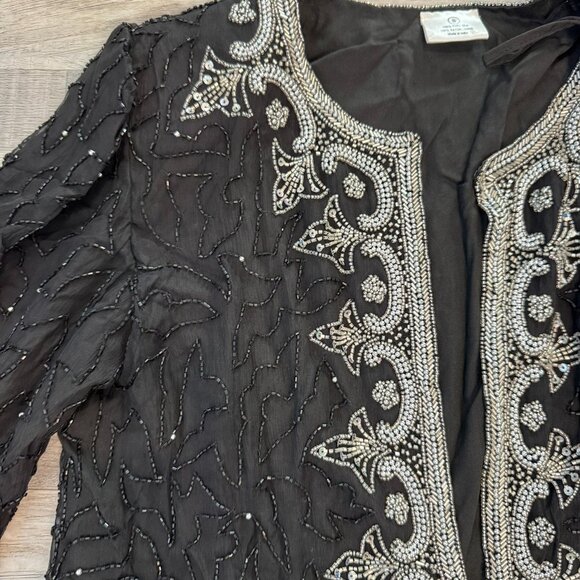 Black 100% silk beaded formal jacket silver beading lined size small K11 - Picture 3 of 7